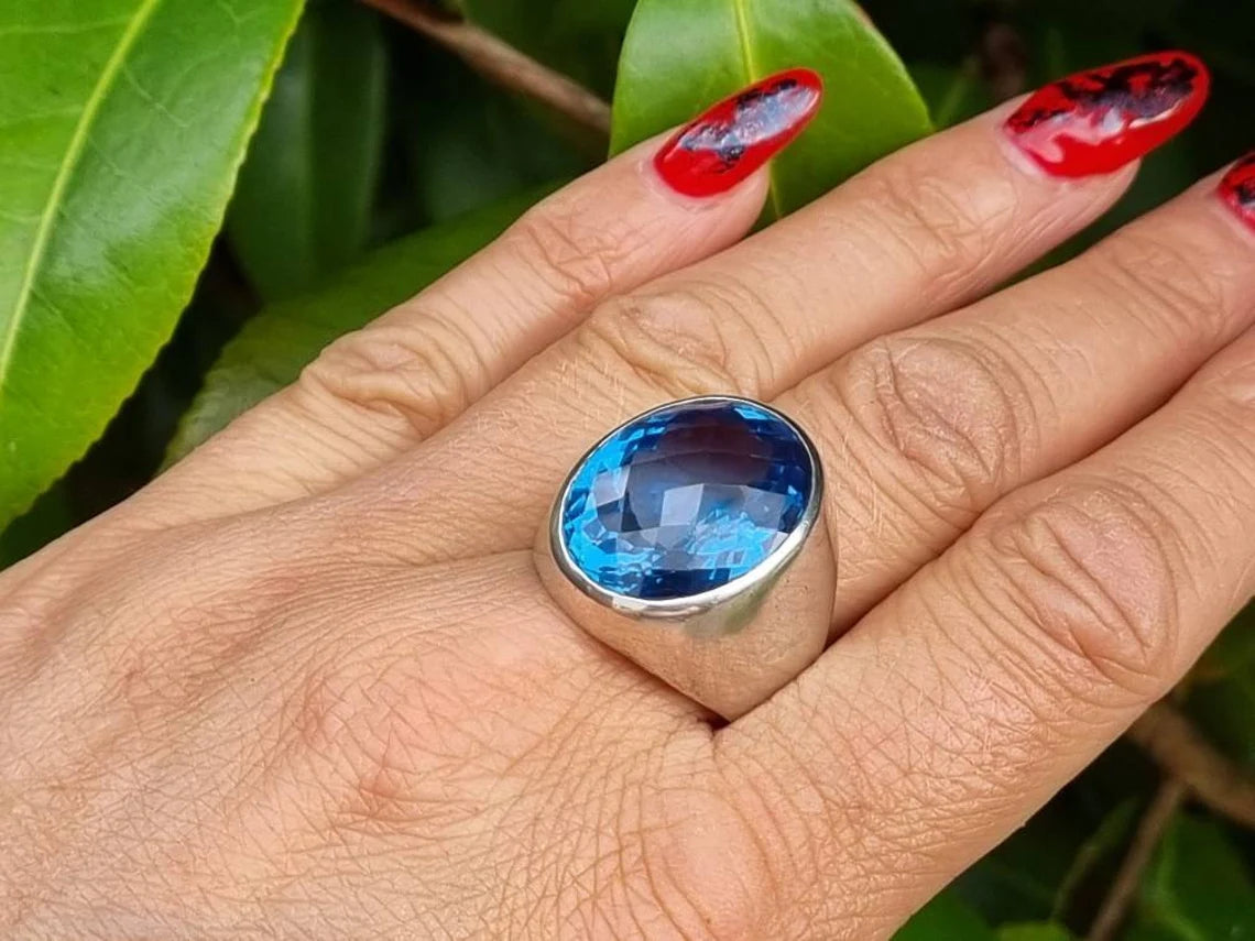 vintage Grande bague topaze bleue suisse - Bagues en argent sterling 925 - Chevalières