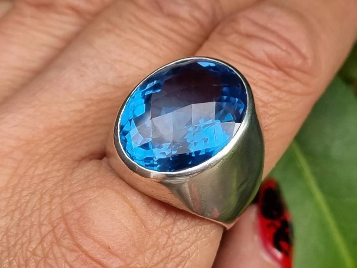 vintage Grande bague topaze bleue suisse - Bagues en argent sterling 925 - Chevalières