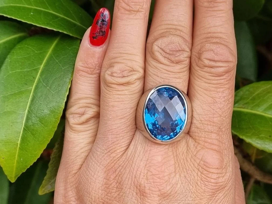 vintage Grande bague topaze bleue suisse - Bagues en argent sterling 925 - Chevalières