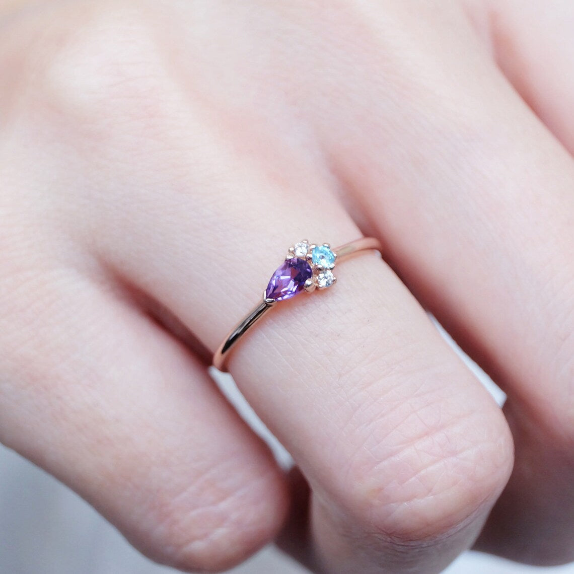 Amethyst and Blue Topaz Promise Ring - 14k Rose Gold Vermeil Statement Ring