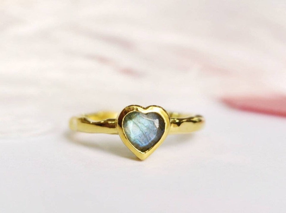 Natural Heart Cut Labradorite Bezel Set  Solitaire  Ring