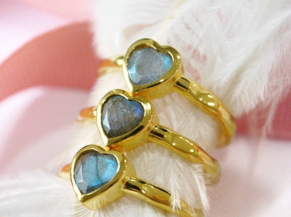 Natural Heart Cut Labradorite Bezel Set Solitaire  Ring - 14k Gold Vermeil Rings