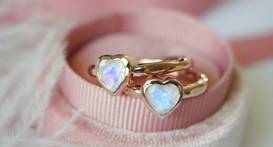 Natural Heart Cut Rainbow Moonstone Solitaire Bezel Set Ring - 14k Rose Gold Vermeil Rings