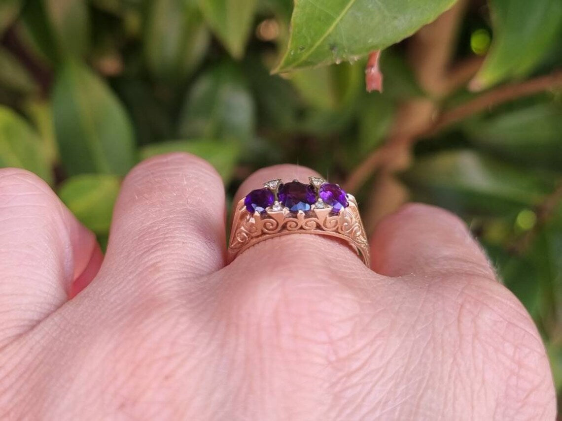 bague vintage en trois pierres d’améthyste - Bague Vermeil en or 14 carats