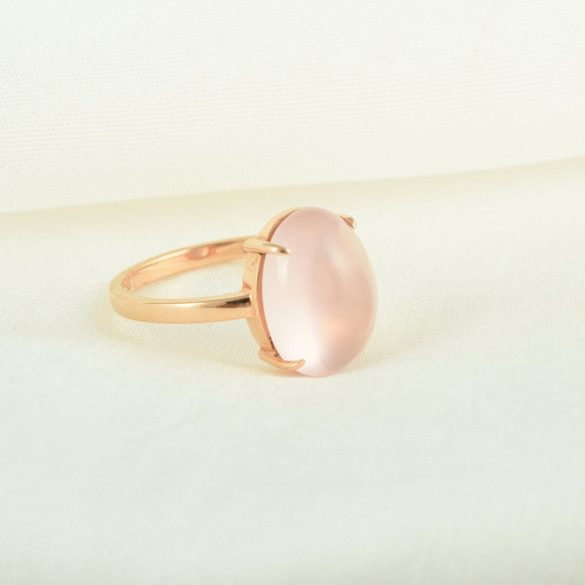 Bague solitaire en quartz rose vermeil en or rose 14 carats - Bagues en pierres précieuses roses