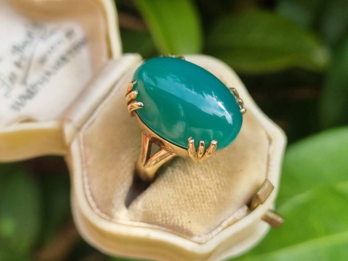 Natural Oval Cut Green Onyx Cocktail Vintage Rings For Women - 14k Gold Vermeil Rings