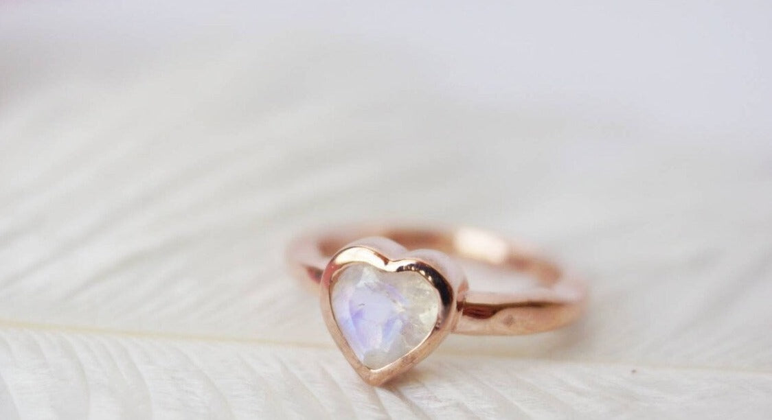 Natural Heart Cut Rainbow Moonstone Solitaire Bezel Set Ring - 14k Rose Gold Vermeil Rings