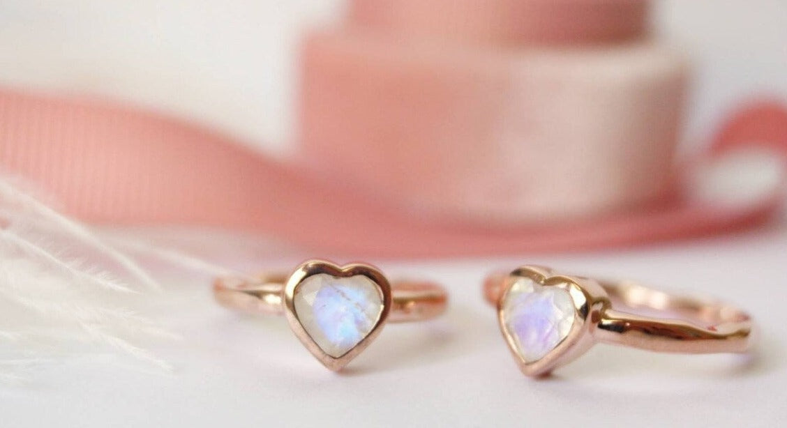 Natural Heart Cut Rainbow Moonstone Solitaire Bezel Set Ring - 14k Rose Gold Vermeil Rings