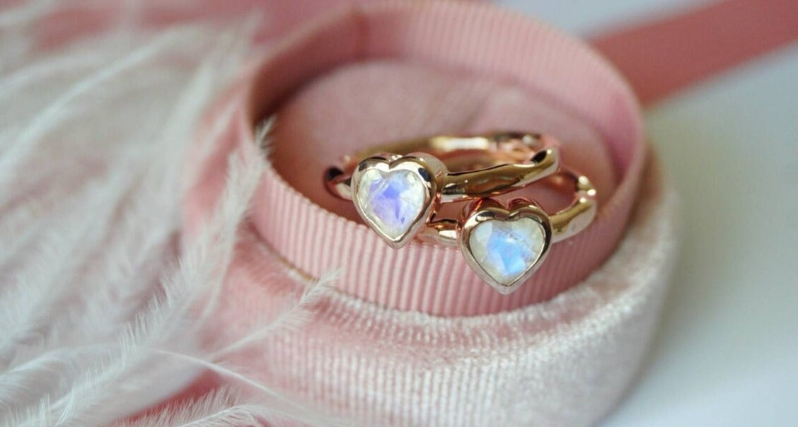 Natural Heart Cut Rainbow Moonstone Solitaire Bezel Set Ring - 14k Rose Gold Vermeil Rings