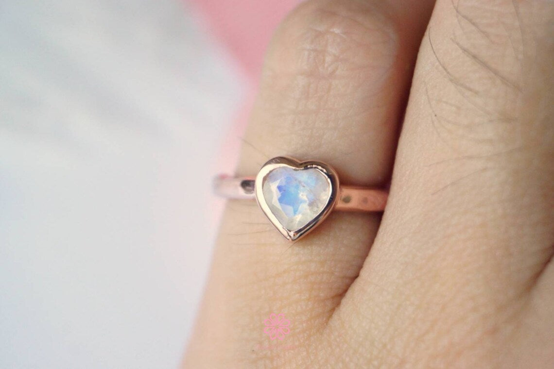 Natural Heart Cut Rainbow Moonstone Solitaire Bezel Set Ring