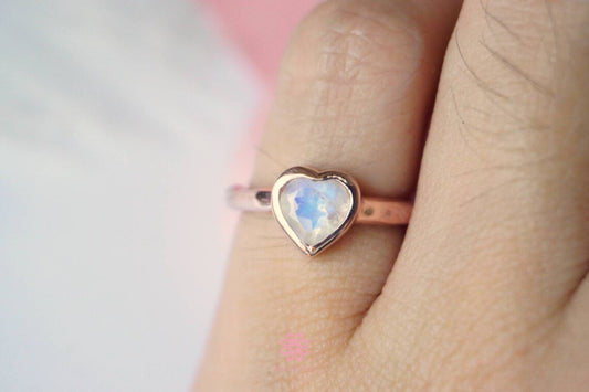 Natural Heart Cut Rainbow Moonstone Solitaire Bezel Set Ring