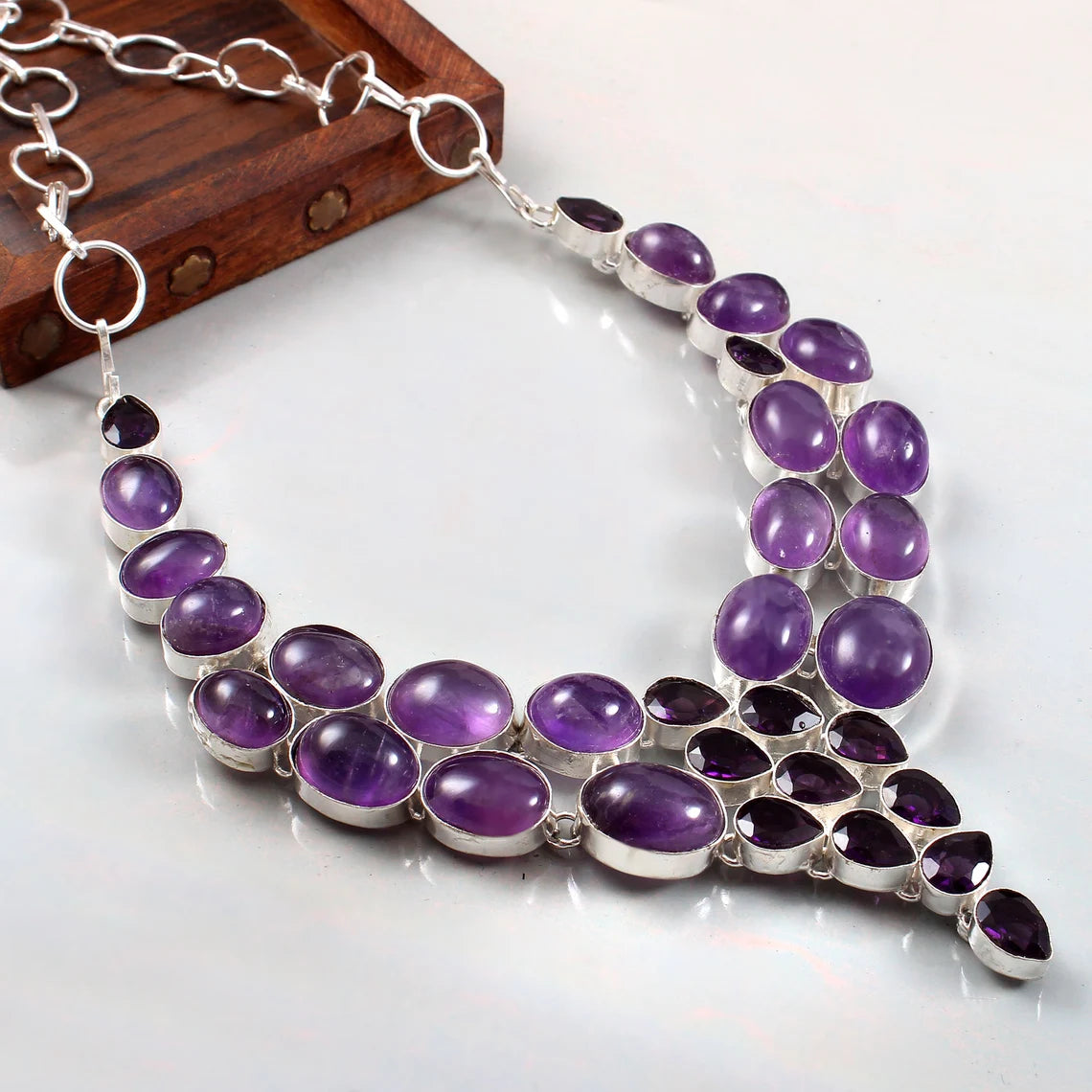 Natural Amethyst Bib Necklace For Women - 925 Sterling Silver Vintage Necklace