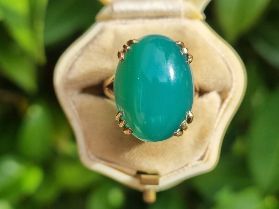 Natural Oval Cut Green Onyx Cocktail Vintage Rings For Women - 14k Gold Vermeil Rings