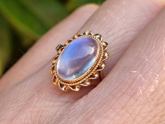 Natural Oval Cut Rainbow Moonstone Vintage Ring