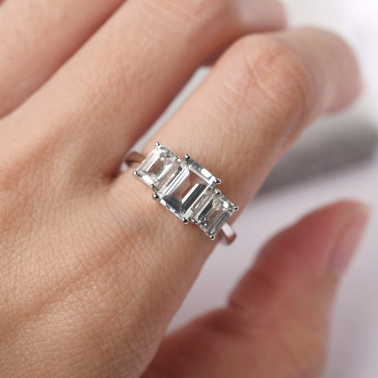 Natural Emerald Cut White Topaz Promise Ring - 925 Sterling Silver Ring