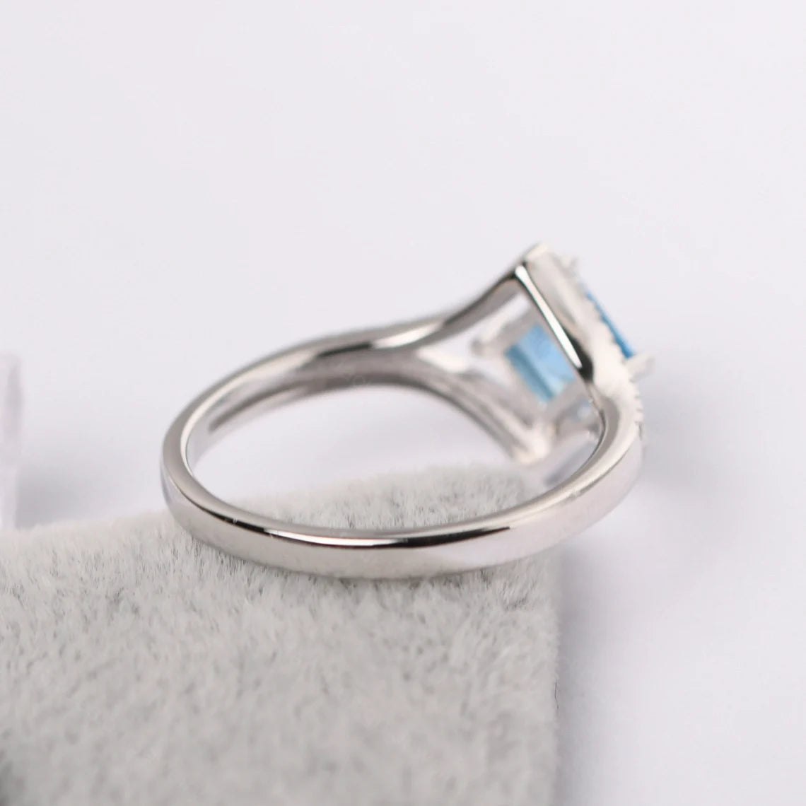 Natural Square Cut Swiss Blue Topaz Halo Ring  - 925 Sterling Silver Ring