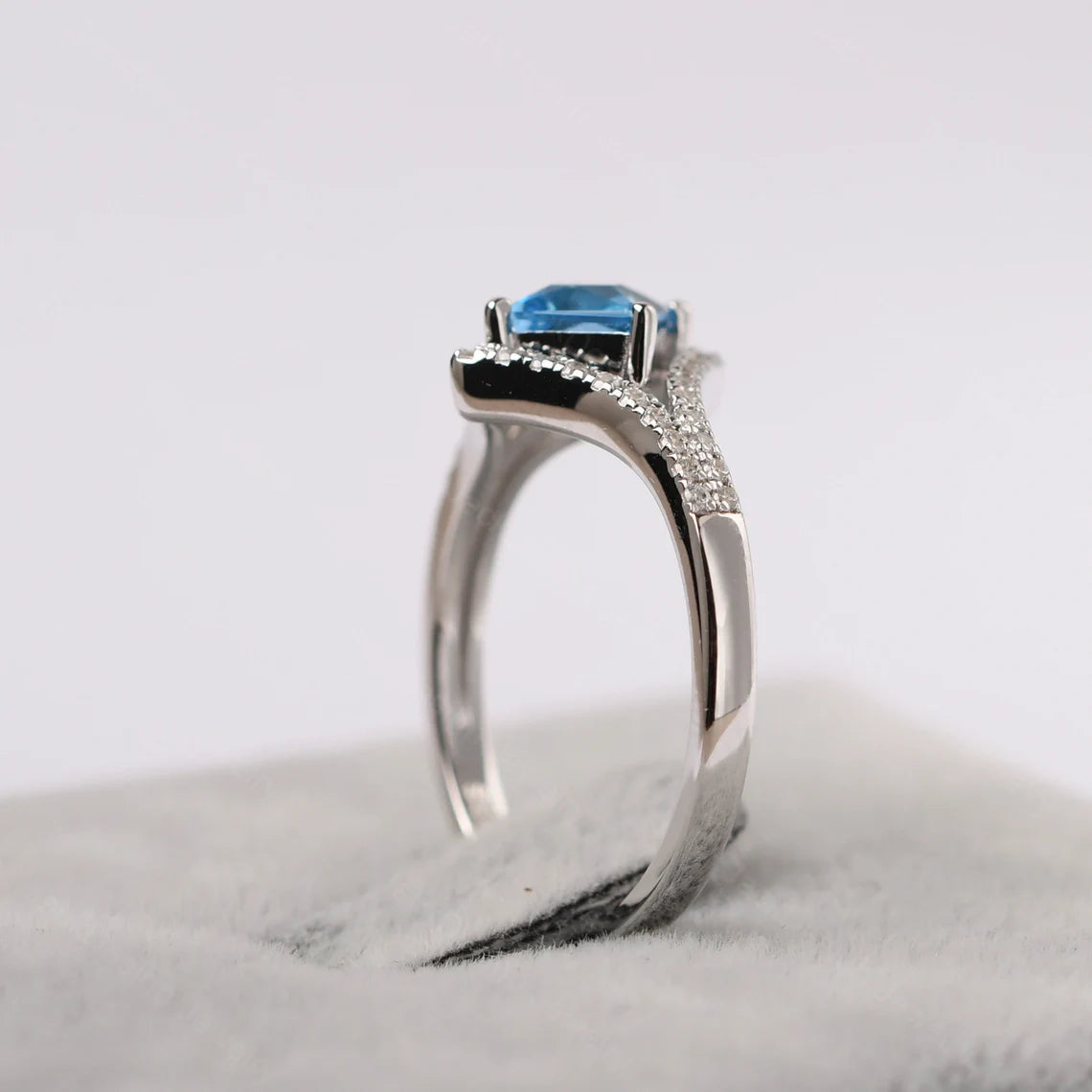 Natural Square Cut Swiss Blue Topaz Halo Ring  - 925 Sterling Silver Ring