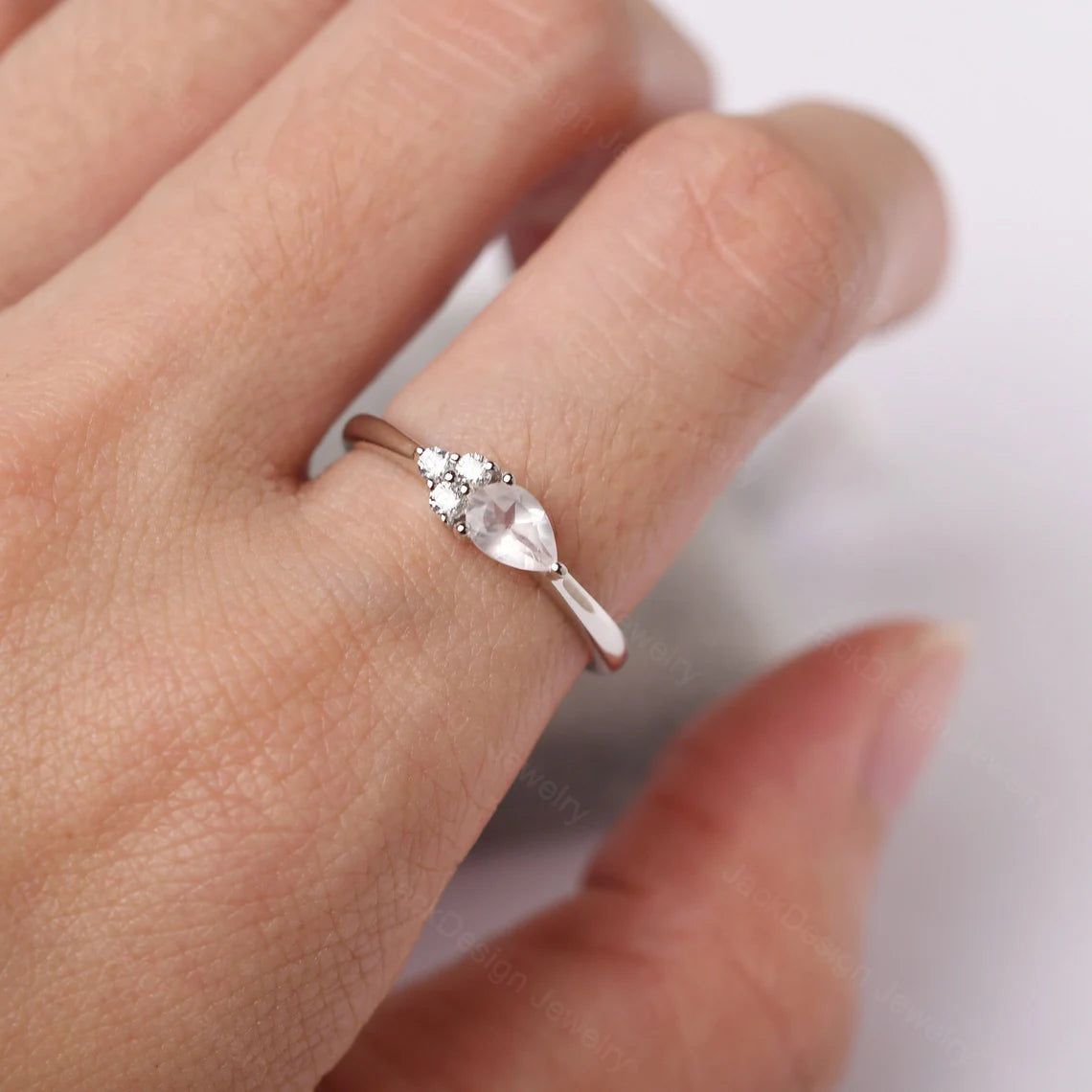 Natural Pear Cut Rose Quartz Promise Ring - 925 Sterling Silver Ring