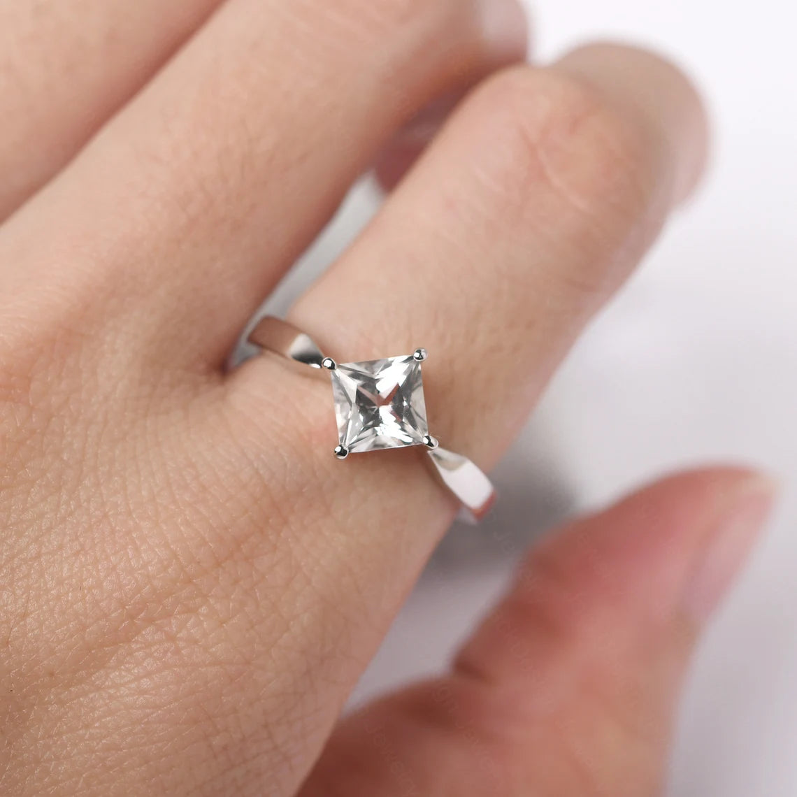 Natural Princess Cut White Topaz Promise Ring - 925 Sterling Silver Ring