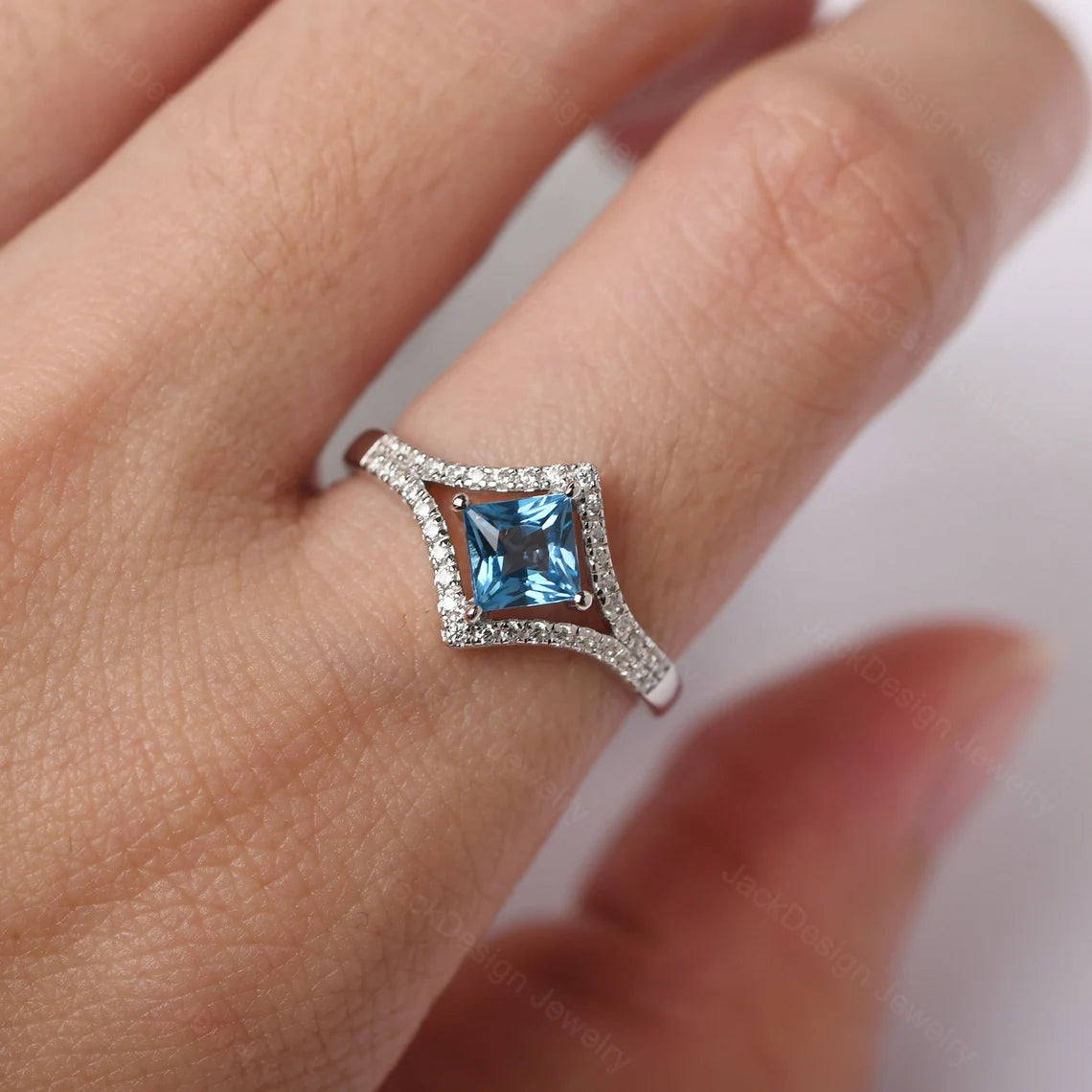 Natural Square Cut Swiss Blue Topaz Halo Ring  - 925 Sterling Silver Ring