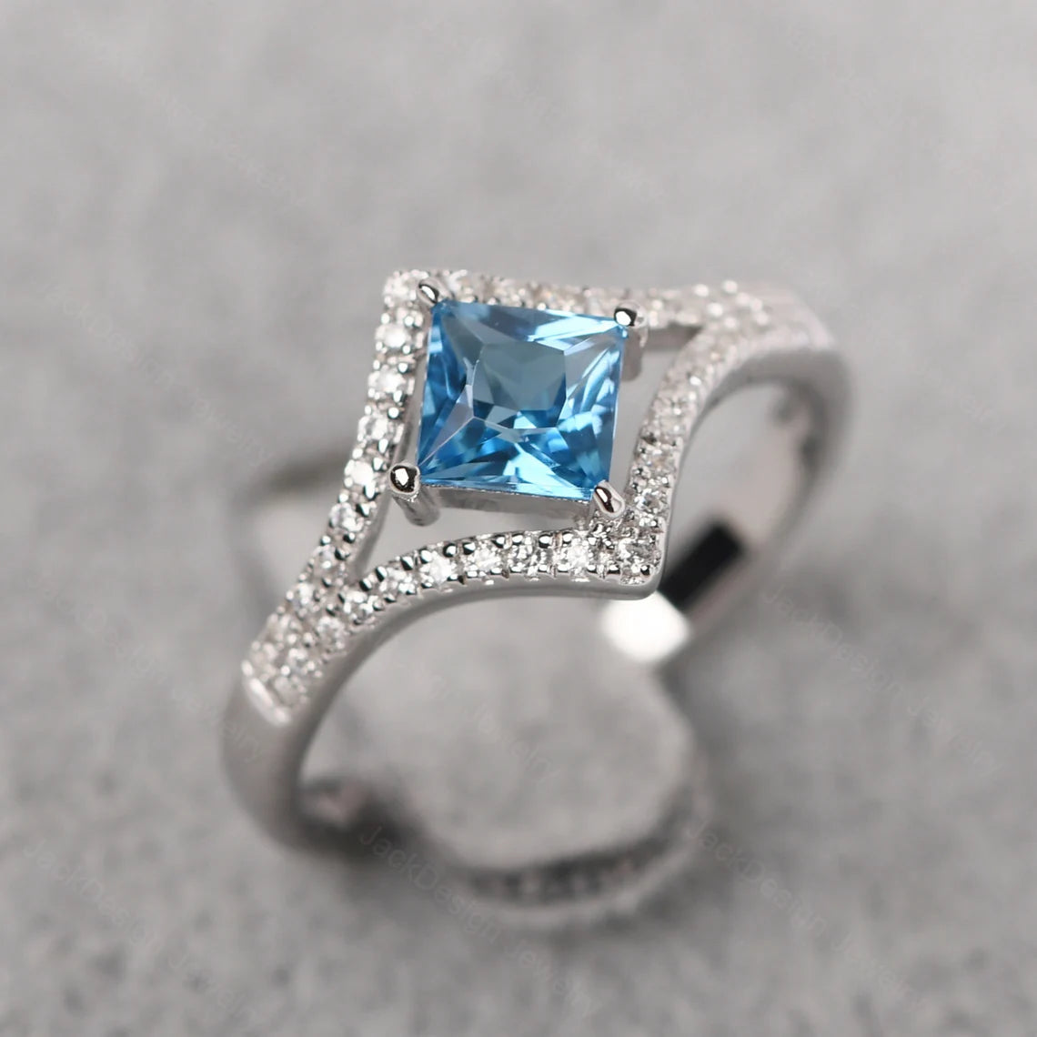 Natural Square Cut Swiss Blue Topaz Halo Ring  - 925 Sterling Silver Ring