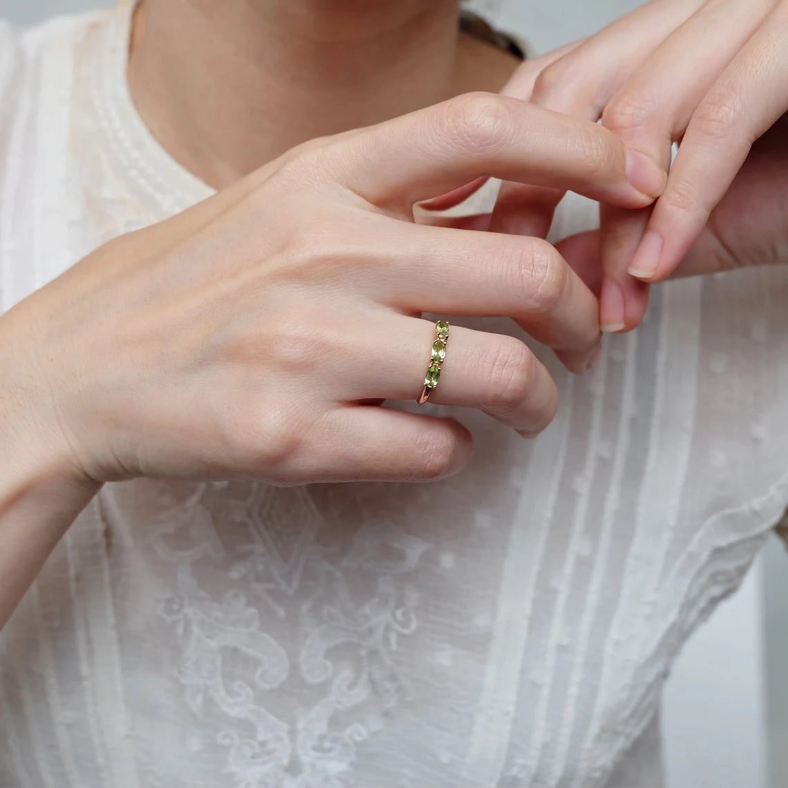 Bague de promesse péridot - Bague Vermeil en or rose 14 carats - Bague en pierre de naissance d’août