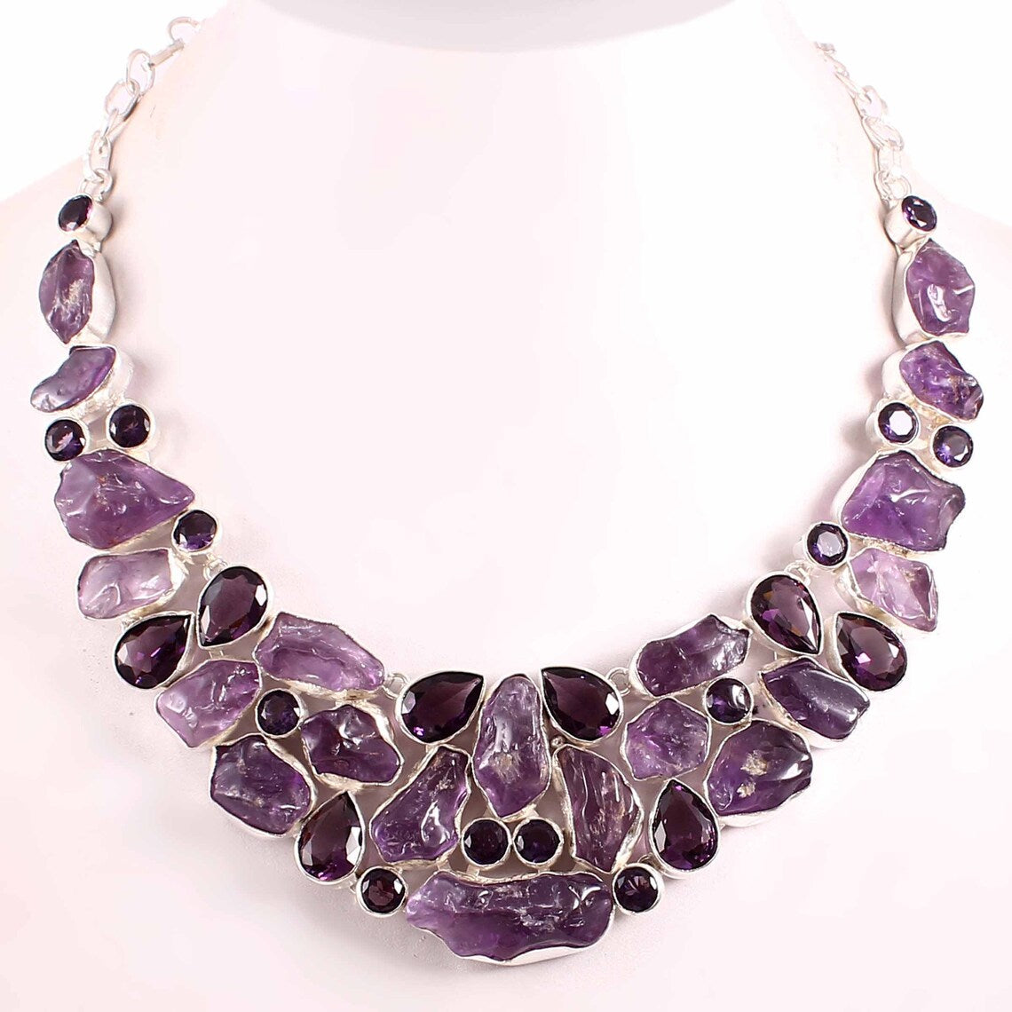 Natural Raw Amethyst Bib Necklace For Women - 925 Sterling Silver Wedding Necklace
