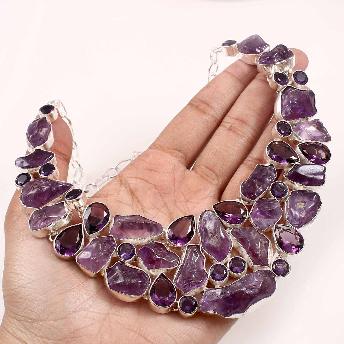 Natural Raw Amethyst Bib Necklace For Women - 925 Sterling Silver Wedding Necklace