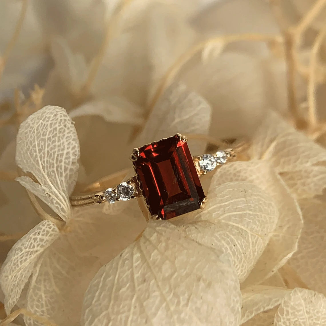 Natural Emerald Cut Garnet Promise Ring - 14k Gold Vermeil Ring