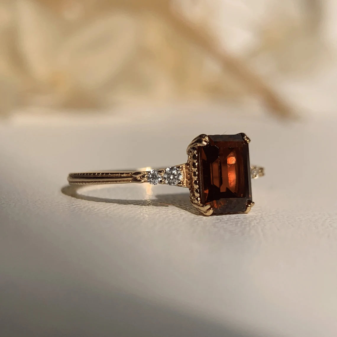 Natural Emerald Cut Garnet Promise Ring - 14k Gold Vermeil Ring