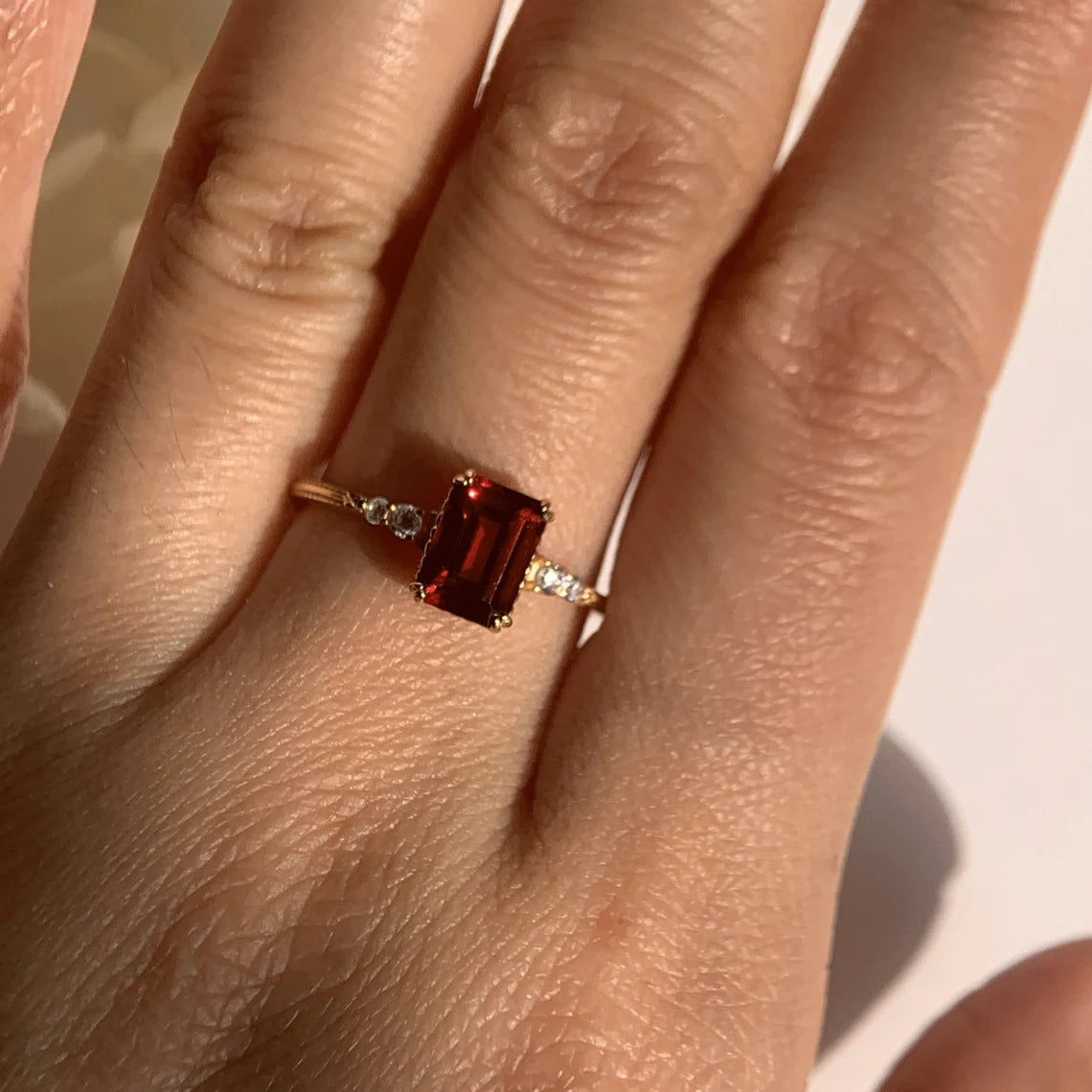 Natural Emerald Cut Garnet Promise Ring - 14k Gold Vermeil Ring