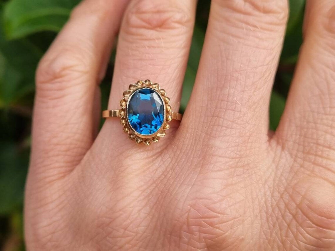 Natural Oval Cut Swiss Blue Topaz Handmade Vintage Rings  - 14k Gold Vermeil Rings