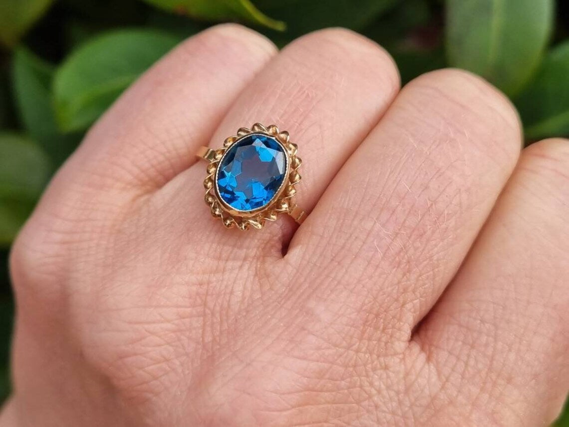 Natural Oval Cut Swiss Blue Topaz Handmade Vintage Rings  - 14k Gold Vermeil Rings