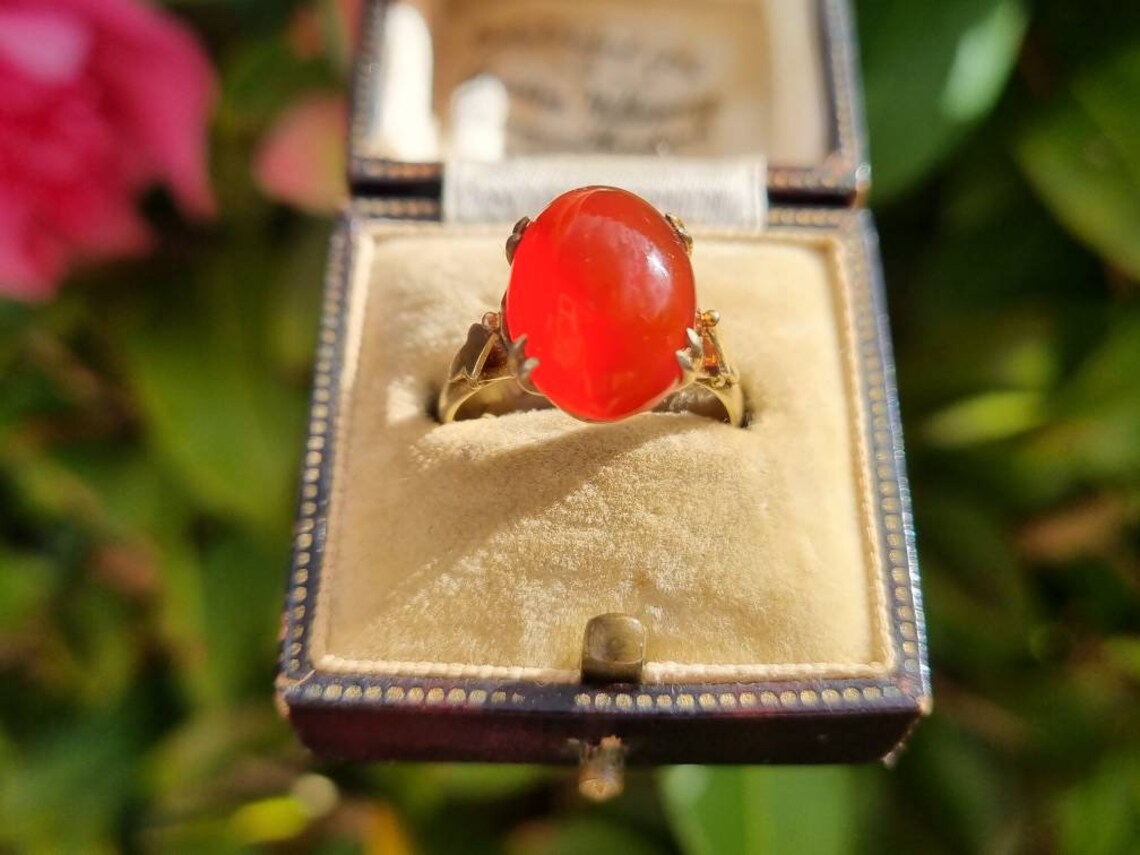 Natural Oval Cut Carnelian Prong Set Vintage Solitaire Ring - 14k Gold Vermeil Rings