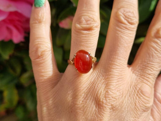 Natural Oval Cut Carnelian Prong Set Vintage Solitaire Ring - 14k Gold Vermeil Rings