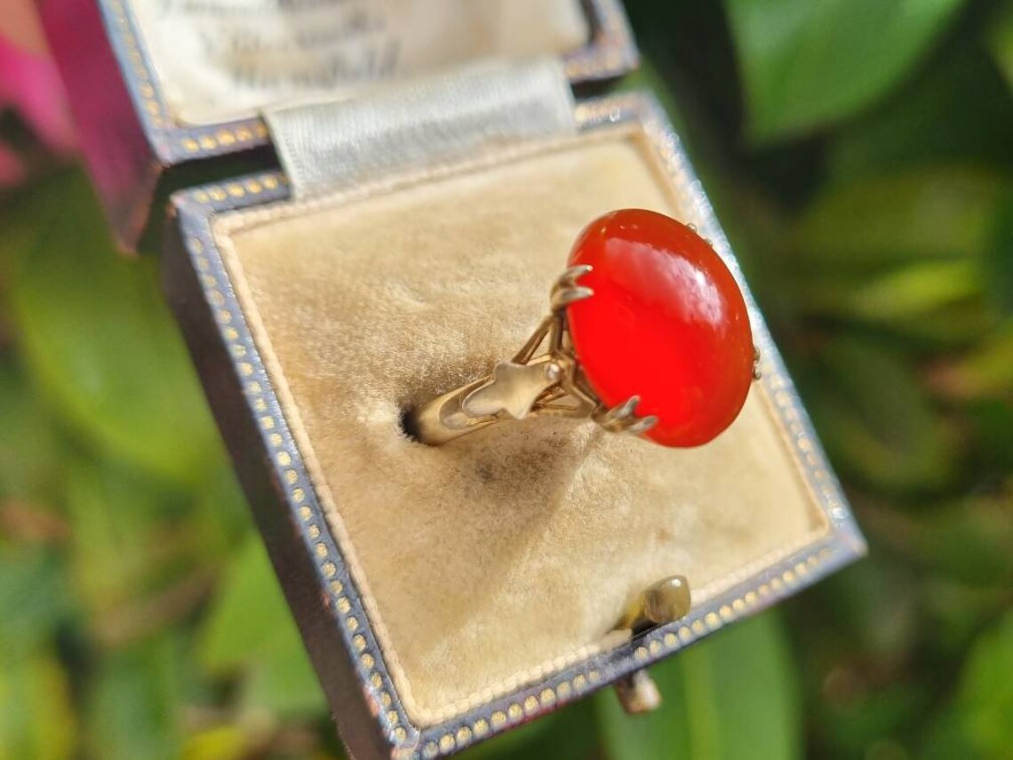 Natural Oval Cut Carnelian Prong Set Vintage Solitaire Ring - 14k Gold Vermeil Rings