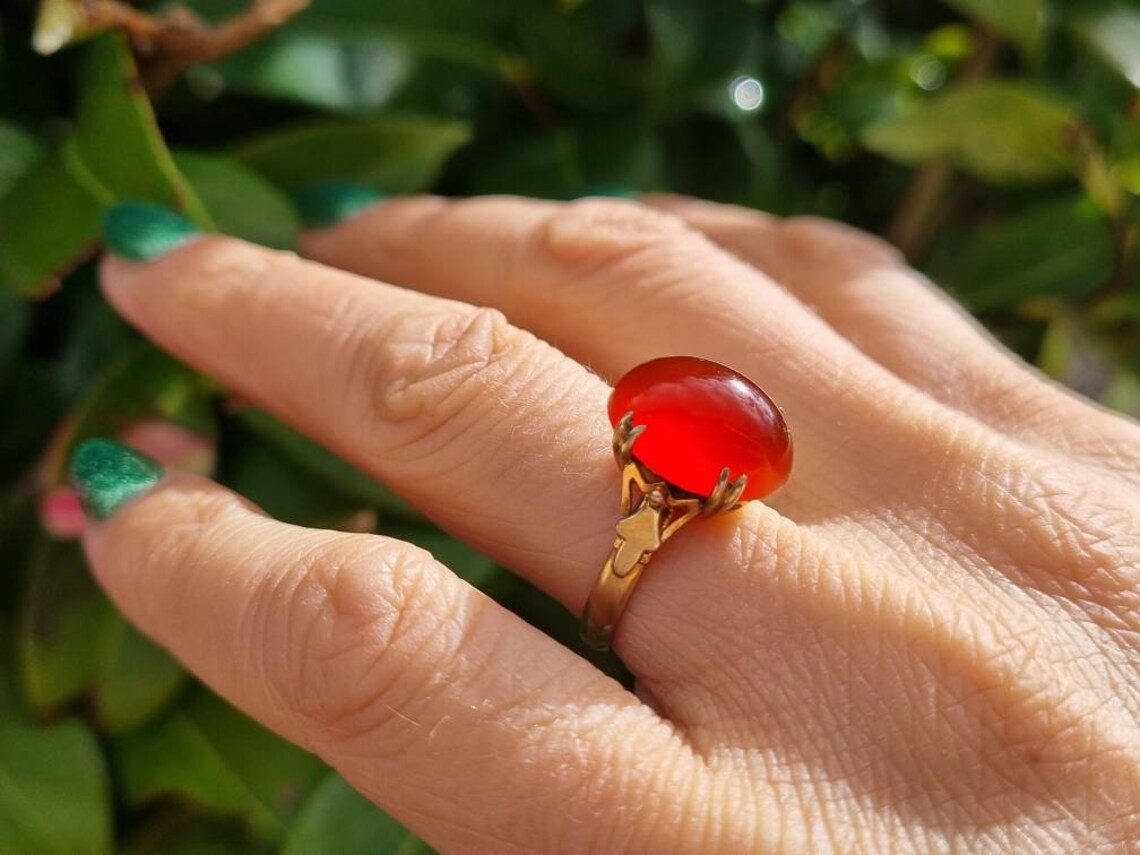 Natural Oval Cut Carnelian Prong Set Vintage Solitaire Ring - 14k Gold Vermeil Rings