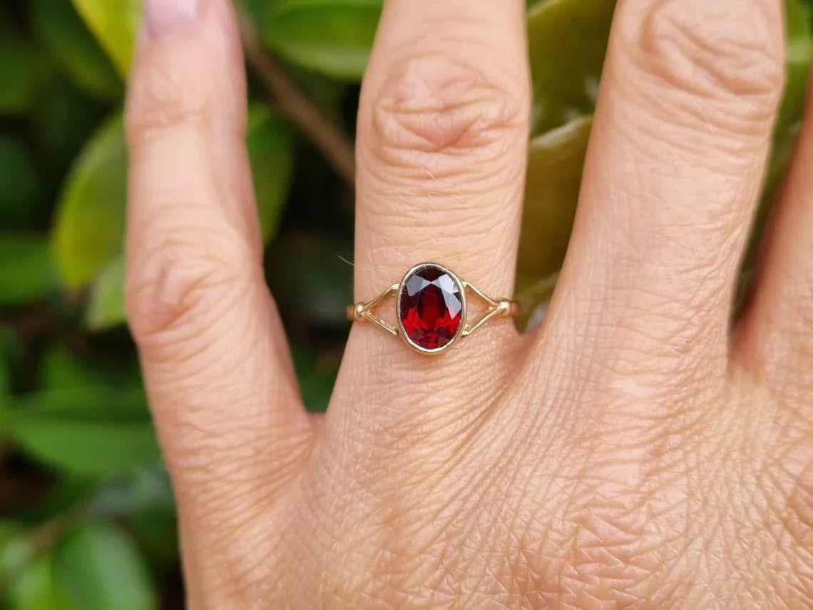 Natural Oval Cut Garnet Simple Bezel Set Solitaire Rings For Women - 14k Gold Vermeil Rings