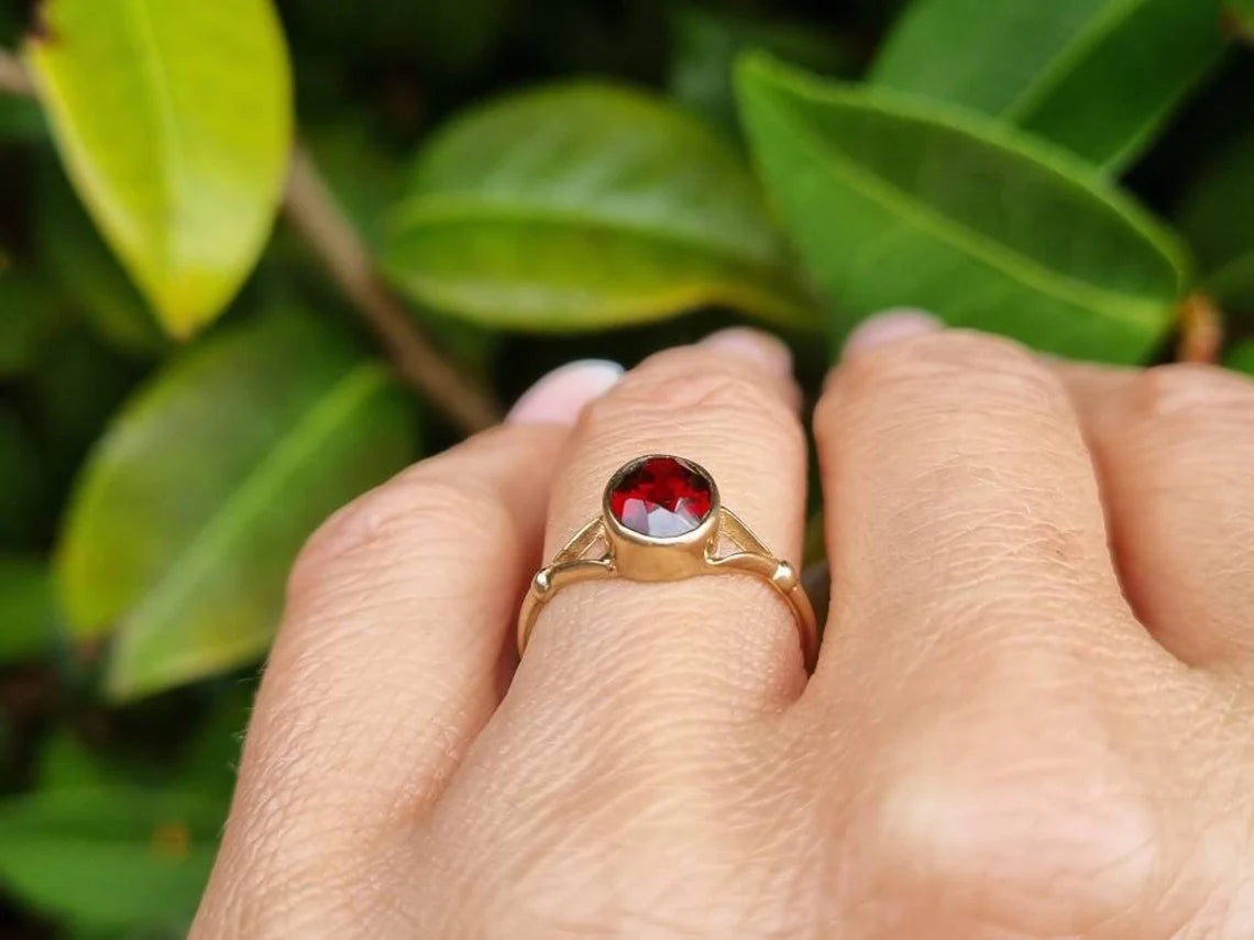 Natural Oval Cut Garnet Simple Bezel Set Solitaire Rings For Women - 14k Gold Vermeil Rings