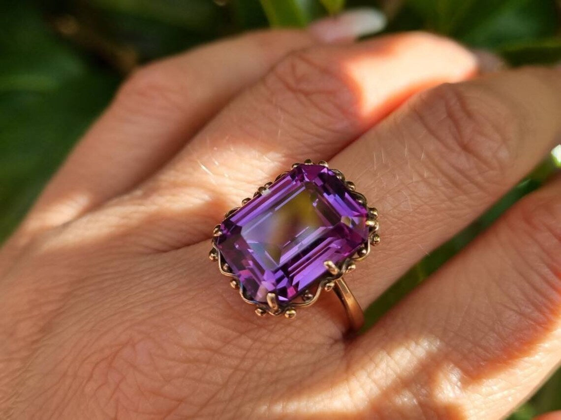 Bague améthyste vintage - Bagues Vermeil en or 14 carats - Bague solitaire taille émeraude