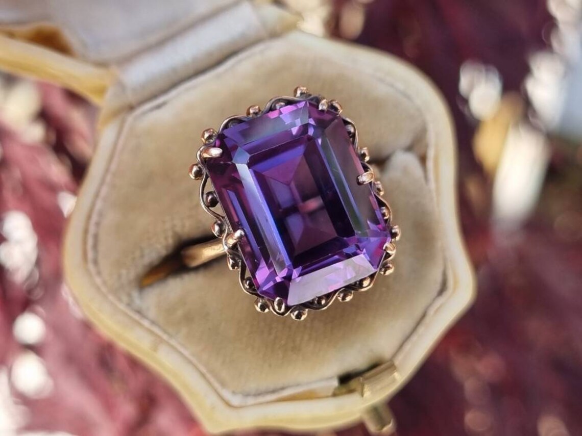 Vintage Emerald Cut Amethyst Solitaire Handmade Rings For Women - 14k Gold Vermeil Rings