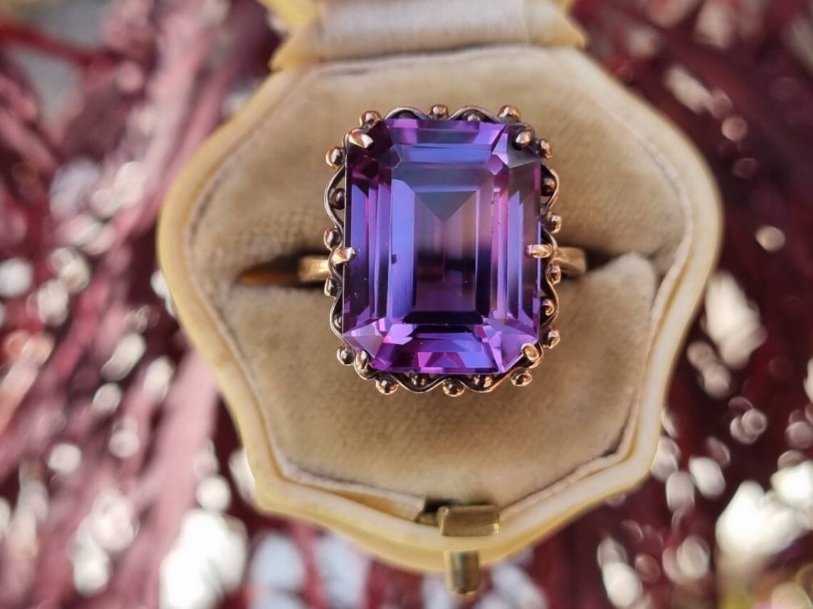 Vintage Amethyst Ring - 14k Gold Vermeil Ringe - Solitärring im Smaragdschliff