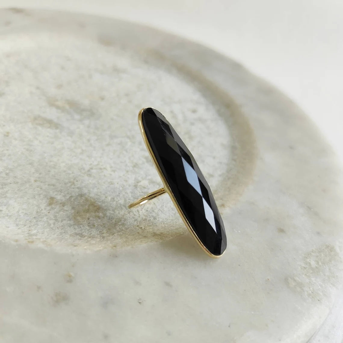 Elongated Oval Cut Black Onyx Bezel Set  Ring - 14k Gold Vermeil Rings