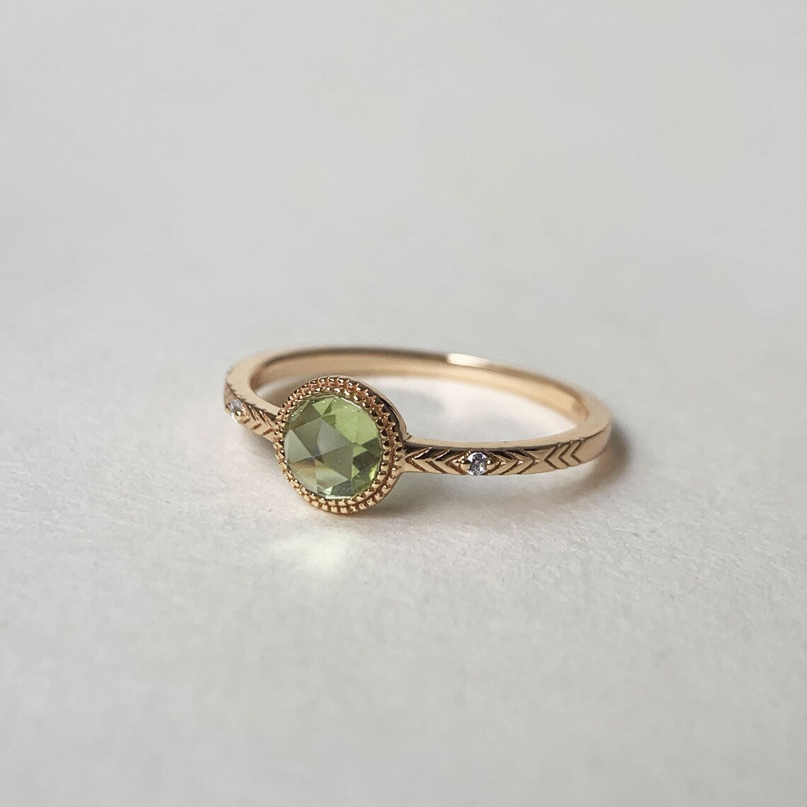 Vintage  Round Cut Peridot Solitaire Peridot Ring - 14k Gold Vermeil Ring