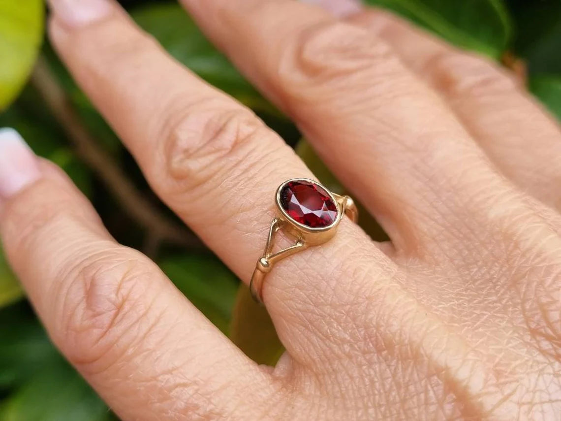 Natural Oval Cut Garnet Simple Bezel Set Solitaire Rings For Women - 14k Gold Vermeil Rings