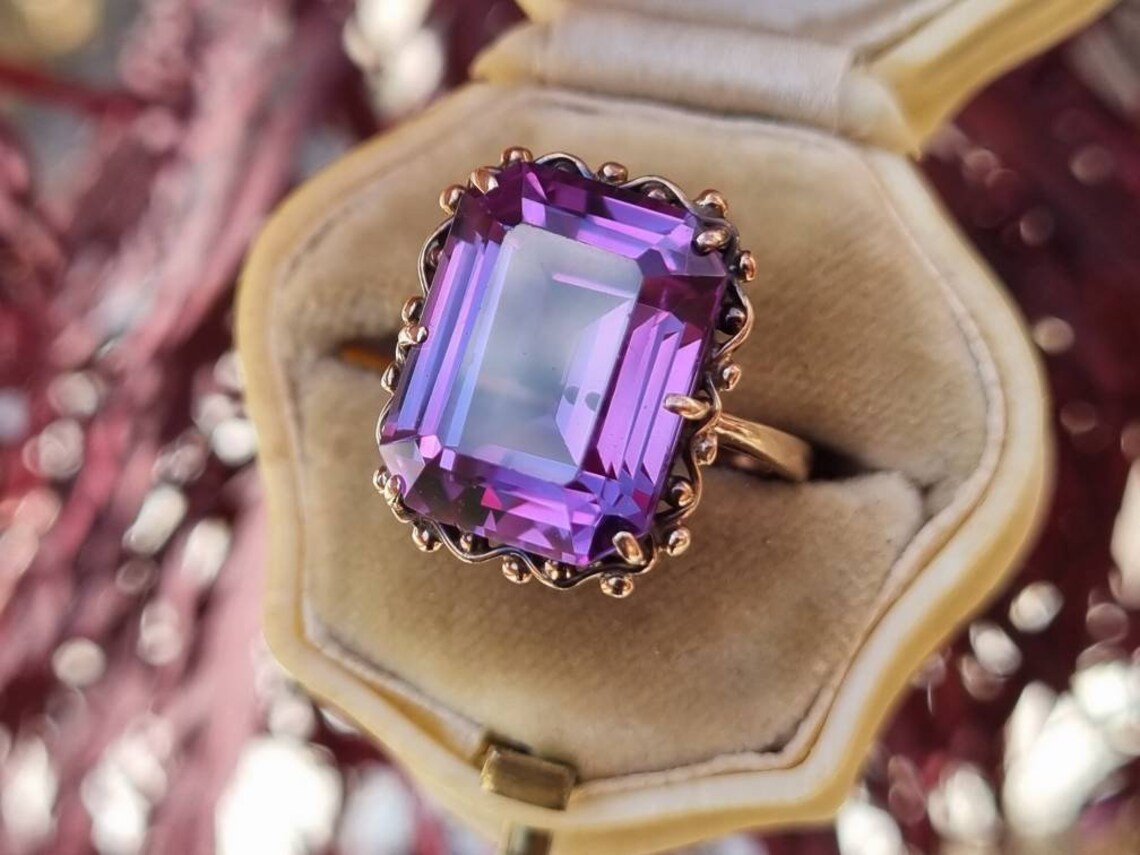 Vintage Emerald Cut Amethyst Solitaire Handmade Rings For Women - 14k Gold Vermeil Rings