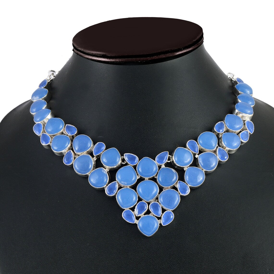 Natural Aqua Chalcedony Bib Necklace  - 925 Sterling Silver Wedding Necklace