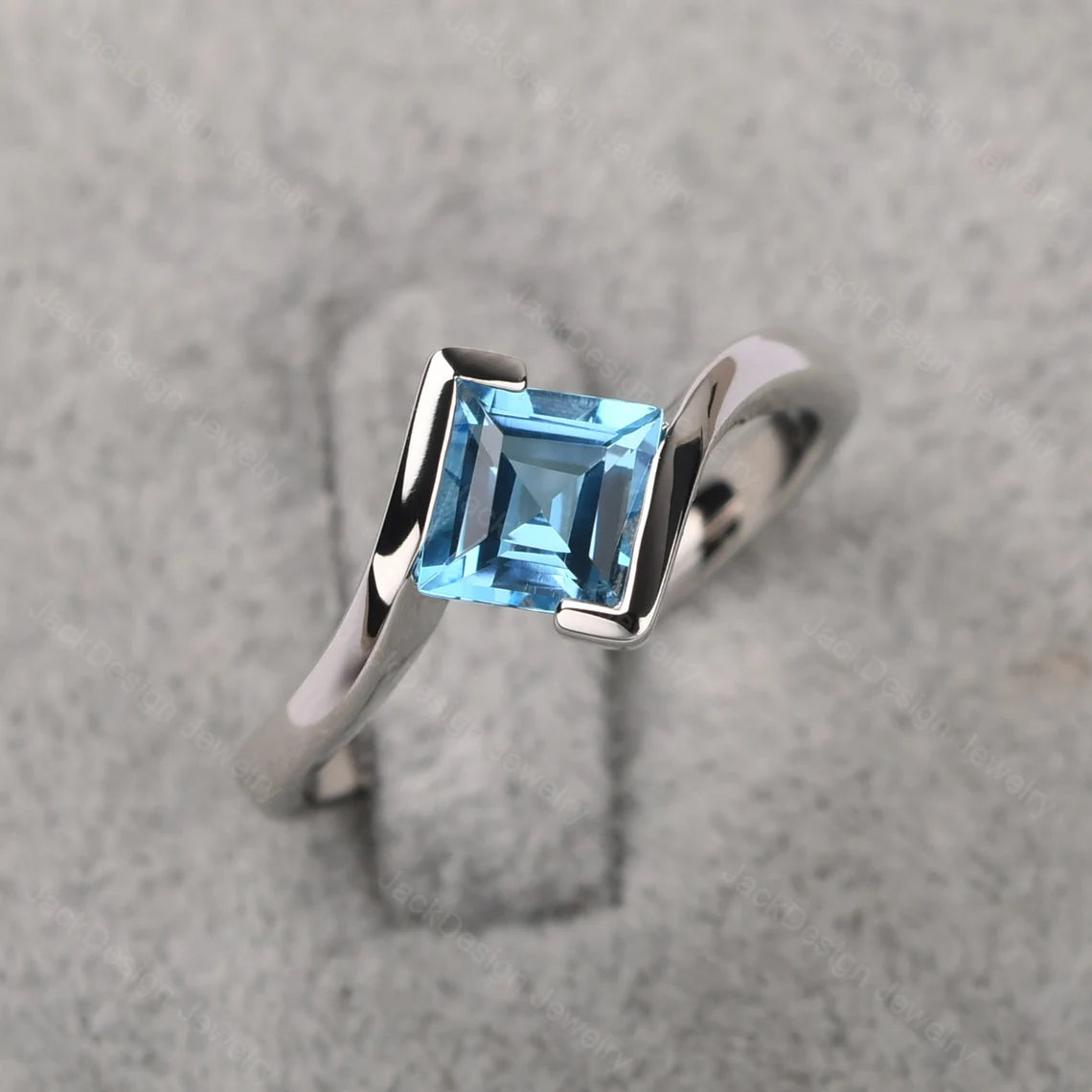 Natural Square Cut Swiss Blue Topaz Solitaire Ring  - 925 Sterling Silver Ring