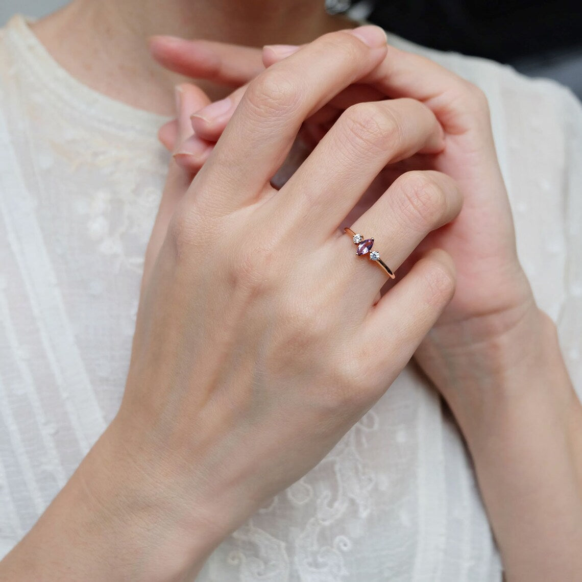 Bague améthyste naturelle - Bague Vermeil en or rose 14 carats - Bague améthyste à trois pierres