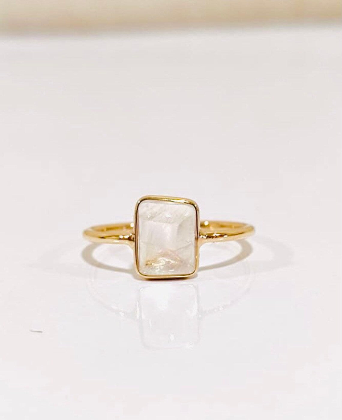 Natural Rainbow Moonstone Emerald Cut Simple Bezel Set Engagement Ring - 14k Gold Vermeil Rings